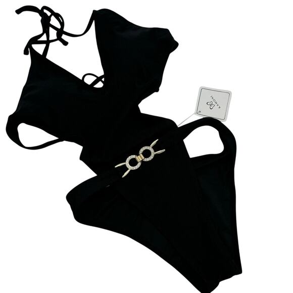 NWT KAMONI Blk Plunge Belted Cut Out Back Tie High Cut Cheeky One Pc. Swimsuit M - Picture 5 of 16